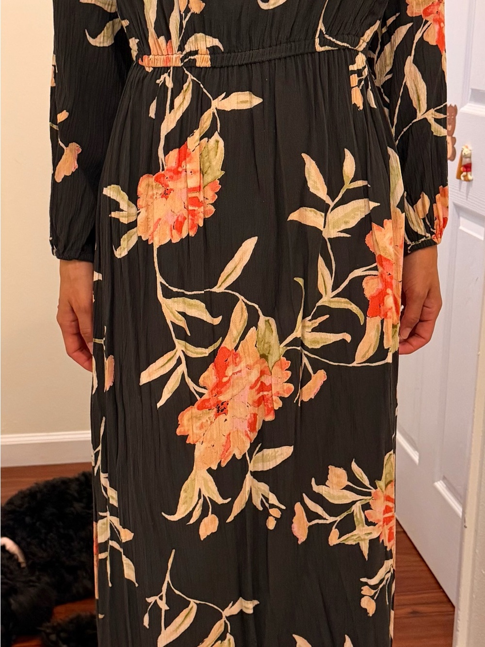 Billabong Black Long Sleeve Maxi Dress with Peach Floral